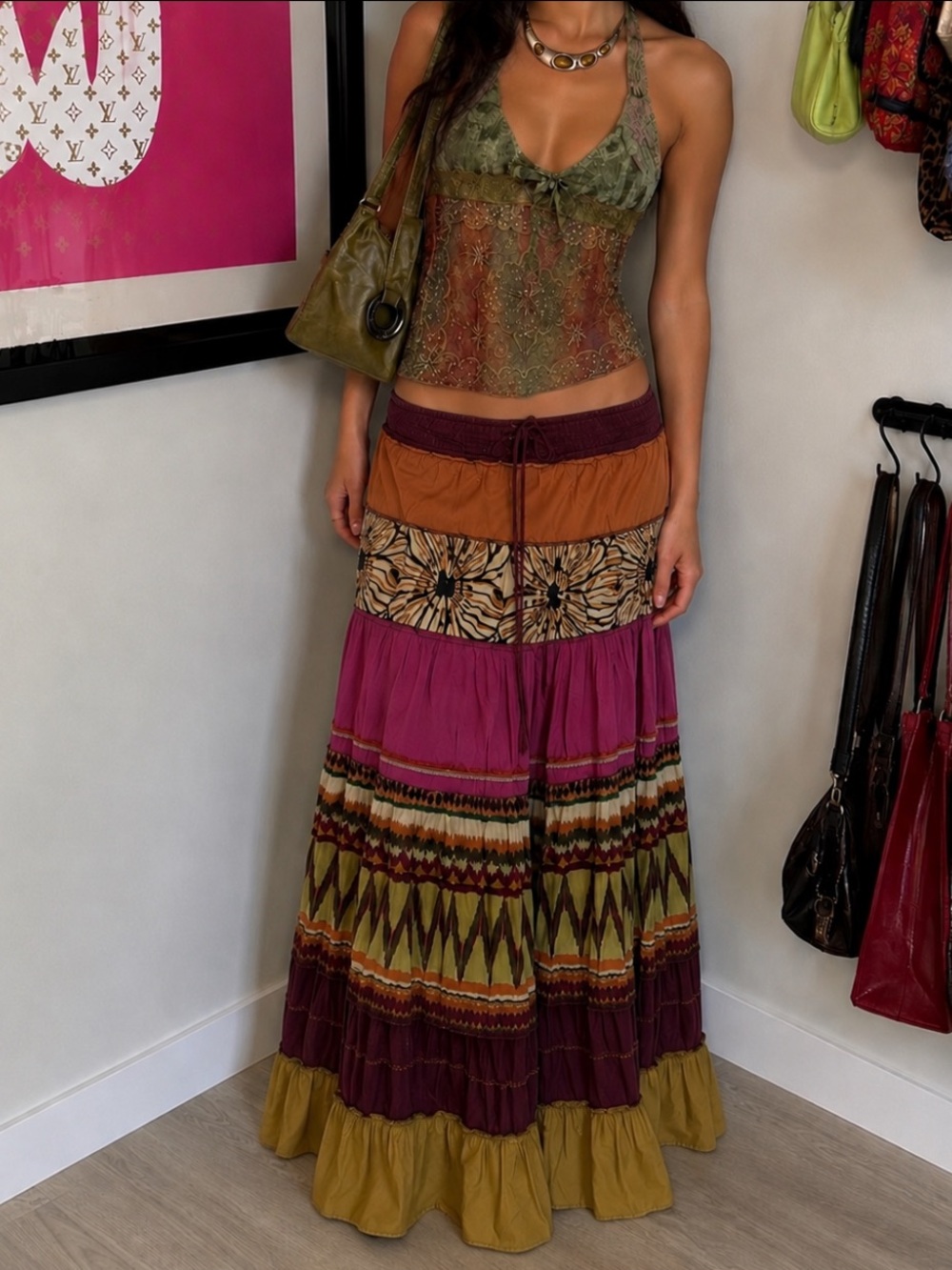 Vintage René Derhy Boho Patchwork Tiered Midi Skirt | French Designer | Size M